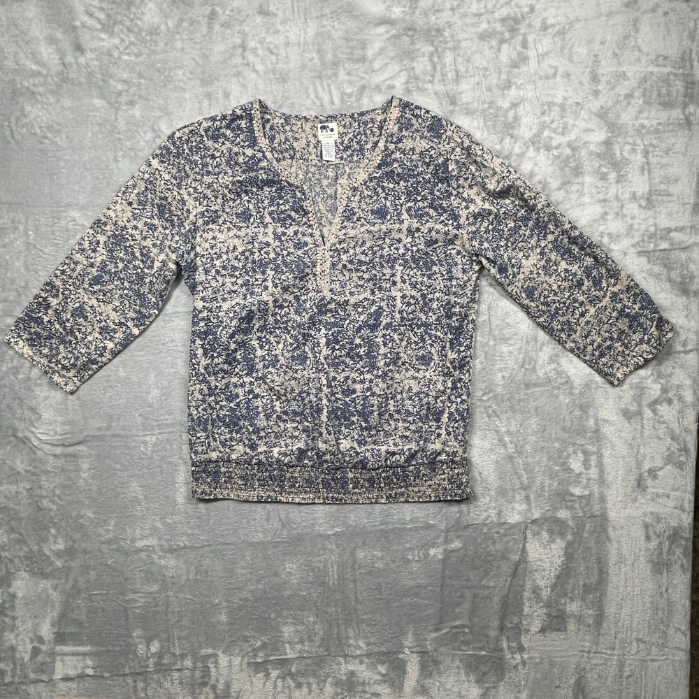 John‎ Robshaw Lucky Brand Blouse Womens Blue Floral Sequin Smocked Cotton Medium